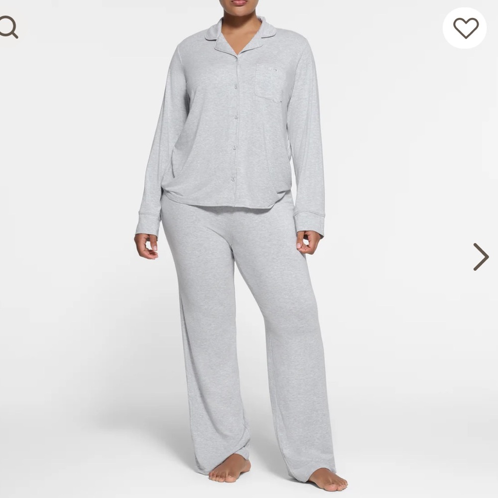Skims long sleeve button up set in light heather grey